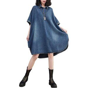 Women’s Denim Shirt Dress Cotton Short Sleeve Casual Summer Size XL